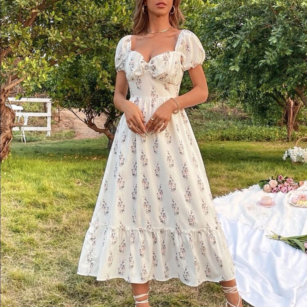 Boho white floral print sweetheart neckline dress - Picture 1 of 6